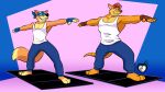 16:9 2025 3_toes 4_fingers activision anthro artist_name athletic athletic_anthro athletic_male bandicoot barefoot black_nose blonde_eyebrows blue_background blue_bottomwear blue_clothing blue_fingerless_gloves blue_gloves blue_handwear blue_kerchief blue_mask blue_pants blue_sweatpants bottomwear brown_clothing brown_eyebrows brown_fingerless_gloves brown_gloves brown_handwear brown_nose canid canine clothed clothing crash_bandicoot crash_bandicoot_(series) dipstick_tail dora_the_explorer duo eyebrows feet fingerless_gloves fingers fox fur gepredators gloves green_eyes hair handwear hi_res kerchief male mammal markings marsupial muscular muscular_male orange_body orange_fur orange_tail pants pecs red_hair segmented_tail shirt signature simple_background standing sweatpants swiper_(dora_the_explorer) tail tail_markings tank_top teeth text toes topwear whiskers white_clothing white_shirt white_tank_top white_topwear widescreen yellow_body yellow_fur yellow_paws yoga yoga_mat yoga_pants