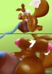 absurd_res anthro big_breasts breasts brown_body brown_fur comic eevee eyelashes female fur generation_1_pokemon genitals hi_res huge_breasts huge_thighs inflation nik0p00tat00 nintendo nipples pokemon pokemon_(species) simple_background solo tail thick_thighs vulva white_body white_fur
