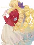  1girl akuyaku_reijou_tensei_ojisan aqua_eyes blonde_hair bow canariadraw commentary_request drill_hair frills from_behind grace_auvergne hair_between_eyes hair_bow hair_ribbon hand_up highres holding jacket long_hair long_skirt long_sleeves looking_back profile purple_bow red_jacket ribbon ringlets sidelocks simple_background skirt solo twin_drills twitter_username very_long_hair white_background white_skirt 