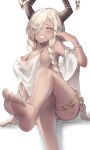  1girl azur_lane barefoot blonde_hair braid breasts brown_horns cleavage commentary dark-skinned_female dark_skin english_commentary feet foot_focus foot_out_of_frame foreshortening hair_over_one_eye highres holololong071130 horn_ornament horns large_breasts large_horns long_hair looking_at_viewer low_twin_braids mole mole_under_mouth official_alternate_costume one-piece_swimsuit owari_(azur_lane) owari_(shimmering_forsythia)_(azur_lane) presenting_foot sideboob simple_background sitting soles solo swimsuit toes twin_braids very_long_hair white_background white_one-piece_swimsuit yellow_eyes 