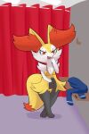 :3 ambiguous_anthro ambiguous_gender anthro bikini braixen canid clothing covering covering_mouth cute_fangs detailed_background digital_media_(artwork) dipstick_tail english_description eyelashes fangs front_view full-length_portrait fur_lift generation_6_pokemon gold_bikini hi_res inside male_(lore) mammal markings matachu nintendo pokemon pokemon_(species) portrait smug solo standing swimwear tail tail_markings teeth tongue two-piece_swimsuit