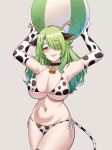  1girl alternate_breast_size_(larger) alternate_costume animal_ears animal_print antlers armpits ball bare_shoulders beachball bell bikini black_choker blush braid breasts ceres_fauna choker cleavage collarbone commentary cow_ears cow_print cow_print_bikini cow_print_gloves cow_tail cowbell cowboy_shot elbow_gloves english_commentary eyes_visible_through_hair gloves green_hair grey_background groin hair_bun hair_over_one_eye highres hololive hololive_english horns large_breasts leaf long_hair navel no_mole print_bikini print_gloves see-through_ball side-tie_bikini_bottom simple_background single_braid skindentation solo stick stomach swimsuit tail thighhighs thighs tongue tongue_out underboob virtual_youtuber yellow_eyes zeroyama 