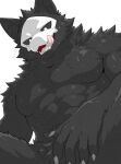 abs anthro black_body black_fur black_sclera blush blush_lines bone bone_mask canid canine changed_(video_game) claws finger_claws fur hi_res looking_at_viewer looking_down looking_down_at_viewer male mammal mask muscular muscular_male puro_(changed) raimuoekaki skull skull_mask solo tongue
