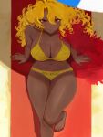  absurdres barefoot beach beach_umbrella bikini blonde_hair curly_hair dark-skinned_female dark_skin don_quixote_(project_moon) feather_boa highres limbus_company nail_polish project_moon red_eyes red_nails sancho_(project_moon) self-upload skvina swimsuit tan tanlines umbrella 