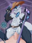 3_fingers absurd_res anthro anthro_penetrated arm_tuft ball_of_yarn barn bedroom_eyes belly belt belt_buckle blue_blush blue_body blue_clitoris blue_fur blue_neck blush bodily_fluids bodily_fluids_in_pussy body_blush bottomwear breathing brown_clothing brown_hat brown_headwear buckle claws clitoral_hood clitoris clothing cowboy cowboy_hat cowgirl_position cum cum_in_uterus cum_in_vagina cum_inflation cum_inside cum_while_penetrated dark_hands denim denim_bottomwear denim_clothing diamond_hakamo-o drop duo ejaculation eyelashes fan_character female female_on_top female_penetrated finger_claws fingers first_person_view from_front_position fur generation_7_pokemon genital_fluids genitals glistening glistening_body glistening_eyes glistening_genitalia glistening_penis grin happy hat headgear headwear heart_symbol hi_res horn human human_on_anthro humanoid_genitalia humanoid_penis impregnation impregnation_attempt inflation interspecies jeans jeans_only leash leashed_male leashed_pov leashed_viewer long_tail looking_at_viewer looking_pleasured male mammal multicolored_body multicolored_ears multicolored_horn multicolored_tail narrowed_eyes nintendo on_bottom on_top one_eye_closed orgasm ovum ovum_with_heart pants penetration penile penile_penetration penis penis_in_vagina pointy_ears pokemon pokemon_(species) presenting purple_eyes ranillopa scales scaly_tail seductive sex sharp_teeth shoulder_tuft smile sperm_cell splurt sweat sweatdrop sweaty_body tail teeth thick_tail tuft uterus vaginal vaginal_penetration vulva vulva_blush white_claws yarn