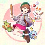  1girl anger_vein beret boots brown_boots brown_eyes brown_hair cardigan commentary_request dress eyelashes gloria_(pokemon) green_hat green_socks grey_cardigan grookey hat holding holding_shield hood hood_down long_sleeves open_mouth pink_dress poke_ball poke_ball_(basic) pokemon pokemon_(creature) pokemon_sword_and_shield scorbunny shield short_hair sobble socks spoken_anger_vein starter_pokemon_trio w2398510474 wooden_floor 