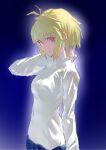  1girl absurdres antenna_hair arcueid_brunestud arm_behind_head blonde_hair blue_background blue_skirt breasts commentary_request cowboy_shot gradient_background hair_between_eyes hand_on_own_neck highres light_smile miniskirt mo_su_ji plaid_clothes plaid_skirt red_eyes shade short_hair single_hair_intake sketch skirt slit_pupils smile solo standing sweater tsukihime tsukihime_(remake) turtleneck turtleneck_sweater white_sweater 