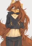 absurd_res anthro apogee_(tinygaypirate) black_bottomwear black_clothing black_hoodie black_pants black_topwear bottomwear bridge_piercing brown_eyes brown_hair canid canine canis cheek_piercing cheek_tuft choker clothing countershade_torso countershading crop_top cropped_hoodie domestic_dog ear_piercing ear_ring emotionless eyebrow_through_hair eyebrows eyelashes eyelashes_through_hair facial_piercing facial_tattoo facial_tuft female fluffy fluffy_tail freckled_ears freckled_face freckles fur grey_background hair hand_in_pocket hi_res hip_tuft hoodie inner_ear_fluff jewelry long_hair long_tail looking_aside mammal markings mottled mottled_nose navel necklace nose_piercing one_ear_up pants patch_(marking) piercing pockets portrait ring_piercing shirt simple_background slim solo spitz tail tan_body tan_countershading tan_fur tan_inner_ear tan_inner_ear_fluff tan_markings tattoo thigh_gap three-quarter_portrait tinygaypirate topwear translucent translucent_hair tuft waist_tattoo wide_hips