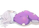  1girl absurdres ass babywipes bodysuit capelet commentary dimples_of_venus emilia_(re:zero) from_behind highres long_hair lying on_side purple_bodysuit re:zero_kara_hajimeru_isekai_seikatsu simple_background single_bare_shoulder skindentation solo torn_bodysuit torn_clothes very_long_hair white_background white_capelet white_hair 