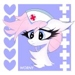 1:1 2026 abstract_background absurd_res blue_eyes clothing digital_media_(artwork) earth_pony english_text equid equine eyelashes female feral friendship_is_magic fur hair half-closed_eyes hasbro hat headgear headwear hi_res horse mammal mane medic medical my_little_pony mythological_creature mythological_equine mythology narrowed_eyes nurse nurse_redheart_(mlp) pink_hair pink_mane pony portrait sad signature simple_background solo text thick_eyelashes white_body white_fur worny worried