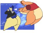 2020 4:3 anthro big_butt black_clothing black_jacket black_topwear blue_body blue_ears blue_fur blue_text border bottomless brutus_(megacoolbear) butt butt_slam charizard claws clothed clothing colored colored_sketch dialogue digital_drawing_(artwork) digital_media_(artwork) don_(megacoolbear) duo ear_piercing english_text eyes_closed facial_piercing fangs finger_claws fire flaming_tail flat_colors fur generation_1_pokemon generation_2_pokemon geometric_background gradient_background hi_res hip_check impact_lines jacket jacket_only jewelry long_neck male megacoolbear motion_lines multicolored_body multicolored_fur multicolored_tail nintendo nose_piercing nose_ring orange_body orange_ears orange_scales orange_tail orange_wings outside_border piercing pokemon pokemon_(species) potoobrigham red_clothing red_shirt red_topwear ring_(jewelry) ring_piercing scales shirt simple_background sketch tail tan_body tan_fur tan_scales tan_tail teasing teeth text thick_thighs toe_claws toothy_grin topwear topwear_only typhlosion wide_hips wings