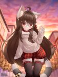 absolute_territory absurd_res accessory ahoge anthro bell black_clothing black_legwear black_thigh_highs blush bottomwear braided_hair brown_eyes checkered checkered_bottomwear checkered_clothing checkered_skirt city clothed clothing cloud cloudy_sky collar crossdressing crossdressing_male dakeneshi domestic_cat eyewear felid feline felis femboy fur furgonomics garter gesture glasses grey_body grey_fur hair hair_accessory hair_ribbon hairpin hi_res horn inner_ear_fluff jingle_bell kemono knock-kneed leaning leaning_forward legwear long_hair looking_at_viewer low-angle_view male mammal markings miniskirt mottled pattern_bottomwear pattern_clothing pattern_skirt piebald plaid plaid_bottomwear plaid_clothing plaid_skirt plant pleated_skirt red_bottomwear red_clothing red_skirt ribbons round_glasses shoulderless_sweater shrub shy skirt sky small_horn soft_smile solo standing striped_markings striped_tail stripes sunset sweater tail tail_accessory tail_garter tail_markings thigh_highs topwear tuft waving wearing_glasses white_body white_fur