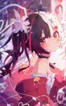  1girl absurdres ahoge bare_shoulders black_choker black_hair blush breasts chinese_commentary choker commentary_request flower from_side hair_flower hair_ornament heart heart_hair_ornament highres jacket kiriaina lacrimosa_(nte) long_hair looking_at_viewer multicolored_hair neverness_to_everness red_eyes red_jacket shirt small_breasts solo split-color_hair streaked_hair turning_head twintails two-tone_hair white_hair white_shirt x_hair_ornament zoom_layer 