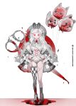  1girl animal-shaped_balloon animal_ear_hairband animal_ears ankle_socks asymmetrical_legwear balloon blood blood_drip blood_on_clothes boots bow bowtie breasts breasts_apart checkered_clothes checkered_thighhighs clothing_cutout colored_eyelashes commentary cross-laced_clothes earrings fake_animal_ears full_body garter_straps hair_ornament hairband hairclip highres holding holding_balloon jewelry lace-up_boots large_breasts limited_palette long_hair off_shoulder original oversized_object panties pool_of_blood rabbit_ear_hairband rabbit_ears red_eyes red_theme showgirl_skirt single_thighhigh skull smile socks solo standing stitched_leg stitched_neck stitches straight-on thighhighs underwear untranslatable_commentary wavy_hair weapon weapon_on_back white_hair whiteeee 