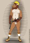 2022 anthro armor balls bear beard belt boots brown_body brown_eyes brown_fur brown_pubes clothing colored dated facial_hair facial_piercing flaccid footwear fur genitals grey_background hammer hard_hat headgear helmet hi_res male mammal muscular muscular_male nipples nose_piercing nude_male penis piercing pubes shoes simple_background smile socks solo tape_measure text tool_belt tools url white_body white_fur whitecolt_productions work_boots yellow_hard_hat