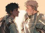  2boys armor black_hair blonde_hair blue_eyes dark-skinned_male dark_skin dungeon_meshi kabru laios_touden looking_at_another male_focus mooreaux multiple_boys parted_lips short_hair undercut upper_body yaoi 