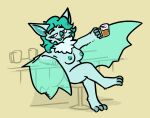 2026 against_furniture against_surface against_table alcohol aliasing anthro areola bar bar_stool bat beer beer_mug beverage big_breasts bizart blue_body blue_eyes breasts casual_nudity cheering claws clothing crossed_legs detailed_background digital_media_(artwork) fangs feet female fur furniture hair leaning leaning_backward leaning_on_table looking_at_viewer mammal membrane_(anatomy) membranous_wings nipples open_mouth public public_nudity scut_tail semi-anthro shirt short_tail smile solo stool table tail teal_areola teal_body teal_fur teal_hair teeth toes topwear translucent translucent_body winged_arms wings
