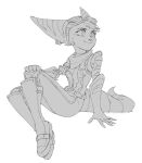 anthro armwear bodysuit boots clothing cybernetic_arm cybernetic_limb elbow_gloves eyewear eyewear_on_head female footwear gloves goggles goggles_on_head handwear head_tuft hi_res lombax mammal markings mechanical_arm monochrome prosthetic prosthetic_arm prosthetic_limb ratchet_and_clank rivet_(ratchet_and_clank) robotic_arm rozich scarf shoes skinsuit solo sony_corporation sony_interactive_entertainment striped_arms striped_ears striped_markings striped_tail stripes tail tail_markings tight_clothing tuft