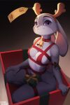absurd_res anthro artist_name bell bell_collar box breasts christmas christmas_present collar container disney english_text european_rabbit fake_antlers fake_horns female fur gift gift_tag grey_background grey_body grey_fur hi_res holidays in_box in_container judy_hopps lagomorph leporid looking_at_viewer mammal naked_ribbon oryctolagus purple_eyes rabbit rabbit_ears red_collar red_ribbon simple_background sitting smile smiling_at_viewer solo text yeseafood zootopia
