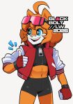 2026 ahoge anthro blackboltlonewolf blue_eyes bottomwear clothed clothing crop_top domestic_cat emanata eyewear_on_head felid feline felis female fingerless_gloves fist fur gesture gloves hair hand_gesture handwear hi_res jacket jump_(blackbolt) letterman_jacket mammal midriff missing_tooth open_clothing open_jacket open_mouth open_smile open_topwear orange_body orange_fur pose shirt short_hair shorts signature simple_background smile solo spandex spandex_shorts teeth thumbs_up tight_bottomwear tight_clothing tight_shorts tomboy topwear visor white_background zipper