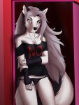 3:4 absurd_res anthro black_clothing black_fingerless_gloves black_gloves black_handwear black_nose black_pajamas black_panties black_shirt black_topwear black_underwear canid canid_demon canine chest_tuft clothing demon female fingerless_gloves fur gloves grey_body grey_fur grey_hair hair handwear hellaverse hellhound helluva_boss hi_res long_hair looking_at_viewer loona_(helluva_boss) mammal mythological_canine mythological_creature mythology niki2a44 notched_ear pajama_shirt pajamas panties pupils red_sclera shirt slit_pupils snout solo tail topwear tuft underwear white_body white_eyes white_fur
