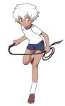  1boy alternate_costume blue_shorts brown_shoes closed_mouth commentary_request dark-skinned_male dark_hunter_(sekaiju) dark_hunter_3 dark_skin full_body hair_between_eyes looking_at_viewer male_focus sekaiju_no_meikyuu sekaiju_no_meikyuu_1 shirt shoes short_hair short_sleeves shorts simple_background socks solo suno_(imydream) white_background white_hair white_shirt white_socks yellow_eyes 