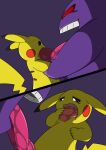 93_kcitshctam alternate_version_at_source ambiguous_gender anthro bodily_fluids comic duo extreme_french_kiss french_kissing generation_1_pokemon gengar hand_holding hand_on_tongue hi_res kissing musk nintendo onomatopoeia pikachu pokemon pokemon_(species) purple_body saliva smile sound_effects tears text tongue tongue_out yellow_body