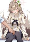  1boy 1girl angel_wings black_pantyhose blonde_hair blue_archive blush breasts brown_hair capelet commentary_request dress flower flying_sweatdrops gesupi_(provlemsolver57) hair_flower hair_ornament halo hand_on_another's_thigh highres long_hair nagisa_(blue_archive) open_mouth panties panties_under_pantyhose pantyhose sitting sweatdrop underwear white_capelet white_wings wings yellow_eyes 