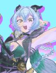  1girl animal_ears blue_hair braid breasts choker cleavage commentary_request goat_ears goat_girl goat_horns hair_between_eyes highres holding horns large_breasts long_hair looking_at_viewer lucia_elowen open_mouth pointy_ears smile solo user_mfxs2722 yellow_eyes zenless_zone_zero 