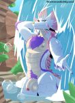 absurd_res anthro athletic balls blue_sclera bubble capcom chest_tuft claws cosmic_noodle countershading detailed_background digital_media_(artwork) flaccid foreskin fur genitals hi_res humanoid_genitalia humanoid_penis inviting_viewer leviathan_(mh) looking_at_viewer male mizutsune monster_hunter mountain multicolored_body multicolored_fur nipples nude penis pink_body plant pupils purple_body purple_fur reaching_towards_viewer red_pupils scales scalie shrub smile solo tail tan_body tan_countershading tree tuft water waterfall waterfall_shower wet white_body yellow_nose