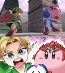  ? blonde_hair blue_eyes blush_stickers copy_ability cosplay game_screenshot_inset ganondorf ganondorf_(cosplay) green_hat hat highres holding holding_sword holding_weapon kicdon kirby kirby_(series) link male_focus mario_(series) open_mouth pointy_ears screenshot_inset super_smash_bros. sword the_legend_of_zelda the_legend_of_zelda:_ocarina_of_time weapon yoshi young_link 