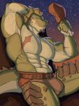 3:4 abs anthro arm_scar belt big_muscles big_pecs blue_eyes bottomwear bulge cheek_spikes chest_scar chewing chicken_meat clothing digital_media_(artwork) dungeons_and_dragons eating eating_food erenok_(kilyion) facial_spikes food frill_(anatomy) green_body green_scales hand_behind_head hasbro head_crest head_frill hi_res holding_food holding_object jaw_spikes lizardfolk_(dnd) lizardman loincloth looking_at_viewer male meat muscular muscular_arms muscular_thighs pecs raised_arm roast_chicken_leg rolenzoart scales scalie scar sky solo spikes spikes_(anatomy) star starry_sky tail wizards_of_the_coast