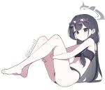  1girl absurdres arm_hug barefoot bikini black_bikini black_eyes black_hair blue_archive braid breasts commentary_request eyewear_on_head feet grey_halo hair_down hair_over_shoulder halo highres kisaki_(blue_archive) kisaki_(swimsuit)_(blue_archive) long_hair official_alternate_costume ryua_(user_kedz2257) simple_background single_braid small_breasts solo strapless strapless_bikini sunglasses swimsuit toes twitter_username whistle whistle_around_neck 
