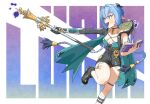  1girl animal_ears blue_hair blush braid breasts cleavage commentary_request goat_ears goat_girl goat_horns green_eyes hair_between_eyes highres holding horns large_breasts lemon_funa long_hair lucia_elowen open_mouth pointy_ears short_hair smile solo yellow_eyes zenless_zone_zero 
