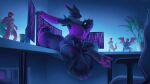 16:9 animal_genitalia anthro anthro_focus balls bandai_namco big_balls biped bottomwear bra claws clothed clothing colored coming_out_of_monitor computer_monitor denim denim_bottomwear denim_clothing denim_shorts digimon digimon_(species) digital_media_(artwork) digital_painting_(artwork) electronics feet fully_sheathed fur genitals group gynomorph gynomorph_anthro gynomorph_focus headphones hi_res huge_balls hyper hyper_balls hyper_genitalia intersex intersex_anthro intersex_focus looking_at_viewer open_bottomwear open_clothing open_shorts painting_(artwork) pawpads paws renamon sadnicole shaded sheath shorts solo_focus tail toes underwear widescreen