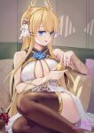  1girl absurdres azur_lane blonde_hair blue_eyes breasts brown_thighhighs center_opening chinese_commentary commentary_request dress feet_out_of_frame food fruit gold_trim highres holding holding_food holding_fruit indoors large_breasts laurel_crown lemon looking_at_viewer ruan_dao sitting sleeveless sleeveless_dress solo thighhighs victorious_(azur_lane) white_dress 