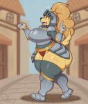 absurd_res amelia_steelheart anthro armor big_butt biped bird_dog bodily_fluids breasts butt canid canine canis clothed clothing detailed_background domestic_dog female golden_retriever headgear helmet hi_res hunting_dog legwear mammal mehdrawings outside retriever solo sweat tail thick_thighs thigh_highs yellow_body