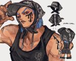  1boy alternate_costume baseball_cap black_shirt blue_hair chibi commentary english_commentary hat jojo_no_kimyou_na_bouken looking_at_viewer male_focus naru_tomaki paco_laburantes purple_eyes shirt shoulder_tattoo simple_background solo solo_focus tattoo teeth the_jojolands watermark white_background 