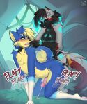 5:6 all_fours anal anal_penetration anthro bent_over black_body black_fur blue_body blue_eyes blue_fur blush blush_lines bodily_fluids canid canine canis cave cum cum_while_penetrated dingo domestic_dog duo ejaculation female female_on_top female_penetrating female_penetrating_male finger_in_mouth fox fur genital_fluids genitals glowing glowing_hair grass grey_body grey_fur hair hi_res hybrid male male/female male_on_bottom male_penetrated mammal moonfluffmf object_in_ass on_bottom on_top pegging penetration penis plant plap red_hair sex sex_toy sex_toy_in_ass sex_toy_insertion strapon tattoo toying_partner yellow_body yellow_fur