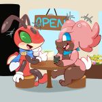 1:1 ambiguous_gender anthro arthropod audino badger blush container cup drinking_glass duo fan_character flower furniture generation_2_pokemon generation_5_pokemon glass glass_container glass_cup happy hi_res ledian mammal mega_stone mostly_nude mustelid musteline nintendo open_mouth plant pokemon pokemon_(species) pokemon_mystery_dungeon puff_(softestpuffss) scarf scarf_only softestpuffss spike_chunsoft table teeth tooth_gap
