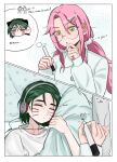  2girls alien_stage black_hair chinese_commentary closed_eyes commentary drawing_on_another drawing_on_another's_face drawn_whiskers english_text glasses hair_ornament hair_scrunchie headphones highres holding holding_marker low_twintails marker mizi_(alien_stage) multiple_girls official_alternate_costume pink_hair qqwy025 scrunchie sleeping sua_(alien_stage) twintails white_scrunchie yellow_eyes 