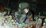  1boy blood blood_on_clothes blood_on_face coat fur-trimmed_coat fur_trim hat highres jacket long_sleeves looking_at_viewer male_focus military military_jacket military_uniform original red_eyes red_star soldier star_(symbol) ushanka v6svmerdsw winter_clothes 