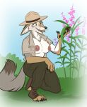 2026 4_toes 5_fingers anthro boots border breasts canid canine canis claws clothed clothing colored coyote digital_drawing_(artwork) digital_media_(artwork) exposed_breasts feet female fingers footwear fur grass hat headgear headwear inner_ear_fluff mammal manzanita_(moonshinefalling) nicnak044 nipples open_clothing open_shirt open_topwear outside park_ranger pawpads pink_nipples plant pointy_ears shirt shoes signature sky solo tan_body tan_fur teeth toeless_boots toeless_footwear toes topwear tuft uniform watermark white_border yellow_eyes