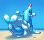 3_fingers anus aquatic ass_up beach black_eyes blue_body brionne butt colored day digital_drawing_(artwork) digital_media_(artwork) eyelashes female feral fingers flippers frill_(anatomy) generation_7_pokemon genitals hi_res light line_art long_ears looking_at_viewer looking_back looking_back_at_viewer mammal markings membrane_(anatomy) membranous_frill nintendo pink_nose pinniped pinniped_pussy plump_labia pokemon pokemon_(species) presenting presenting_anus presenting_hindquarters presenting_vulva raised_tail round_nose sand sea shaded sky soyesoye standing sunlight tail vulva water white_body white_markings