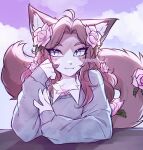 2024 3rdperson_iz accessory anthro artist_name blue_eyes brown_body brown_eyebrows brown_fur brown_hair brown_tail chest_tuft clothed clothed_anthro clothing cloud colored digital_drawing_(artwork) digital_media_(artwork) domestic_cat eyebrows eyelashes felid feline felis female female_anthro fingers flower flower_accessory flower_in_hair fur hair hair_accessory inner_ear_fluff long_hair looking_at_viewer mammal markings multicolored_body outside plant rose_(flower) shaded sky smile solo sweater tail text topwear tuft whiskers white_body white_fur