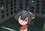  1boy absurdres backrooms_(creepypasta) black_hair black_shirt brown_eyes chiba_(fpwgfnrixm35508) closed_mouth crossed_bangs grass hair_between_eyes hairband highres kieran_(pokemon) looking_at_viewer male_focus mole mole_on_neck multicolored_hair pokemon pokemon_scarlet_and_violet purple_hair shirt solo upper_body window yellow_hairband 