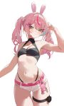  1girl :3 animal_ears armpits bare_arms bare_shoulders belt bikini black_bikini blue_nails breasts cleavage cleavage_cutout closed_mouth clothing_cutout commentary_request cowboy_shot green_eyes hair_ornament hanako_nana hand_up highleg highleg_bikini highres korean_commentary long_hair looking_at_viewer micro_shorts multicolored_hair nail_polish navel pink_hair rabbit_ears rahwol177 shorts simple_background small_breasts smile solo stellive stomach streaked_hair string_bikini swimsuit thigh_strap twintails virtual_youtuber white_background white_shorts x_hair_ornament 