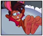 3_toes absurd_res ailurid anthro big_feet big_tongue big_uvula border clothing comic duo eyewear feet foot_focus glasses grey_tongue hi_res in_mouth inside_mouth lagomorph leporid lounging lying male male/male mammal on_back on_tongue pawpads paws rabbit red_panda roderick_(tamerkoh) shirt smile soles supersneslewd thick_tongue toes tongue toony topwear uvula vore wearing_glasses wearing_shirt white_border wide_tongue zippy_(supersneslewd)