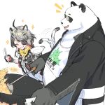 1boy 1girl animal_ears arknights arknights:_endfield black_fur commentary_request cooking da_pan_(arknights) eyepatch food fried_rice furry furry_male grey_fur grey_hair grin highres holding holding_ladle holding_plate ladle looking_at_another notice_lines one_eye_covered open_mouth panda_boy panda_ears pi_(p77777778) plate smile snow_leopard_ears snow_leopard_tail sparkle tail tail_wagging tangtang_(arknights) translation_request white_background white_fur wok 