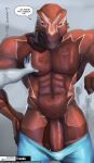 abs anthro balls big_muscles big_pecs big_penis bottomwear bottomwear_down clothed clothing dinosaur english_text erection first_person_view flaccid franubis genitals hi_res humanoid_genitalia humanoid_penis male muscular muscular_male nipples pants pants_down partially_clothed pecs penis piercing pov_hands prehistoric_species red_body red_eyes red_scales reptile saurischian scales scalie smile smiling_at_viewer solo text theropod tyrannosaurid tyrannosauroid tyrannosaurus tyrannosaurus_rex underwear underwear_down underwear_only water